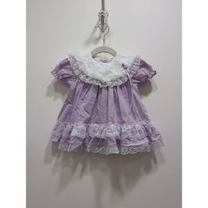 VTG Jo Lene Baby Size 6-9 Months Polka dot Purple Lace Tiered Ruffles Dress USA